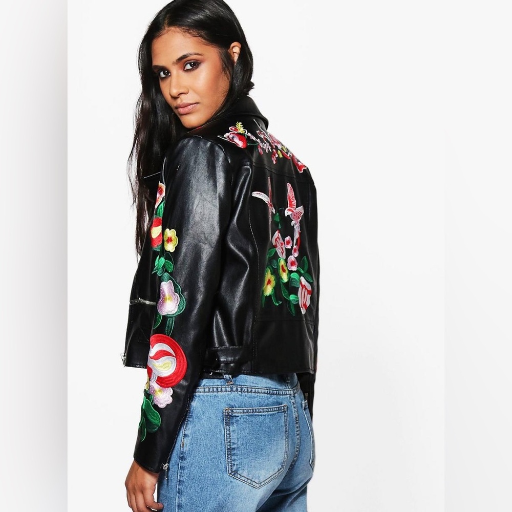 Boohoo Black Faux Leather Biker Jacket with Floral Embroidery